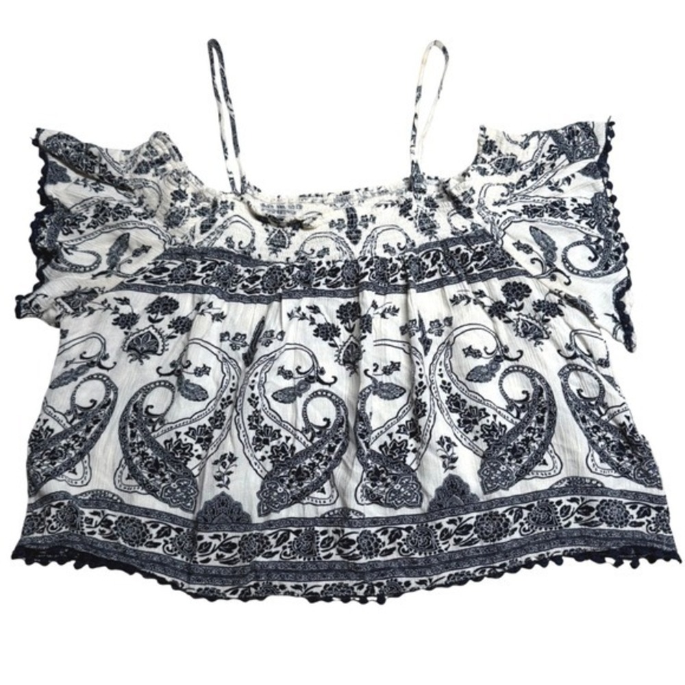 Charlotte Russe XS Paisley Off Shoulder Top Navy White Boho Cottagecore Crop